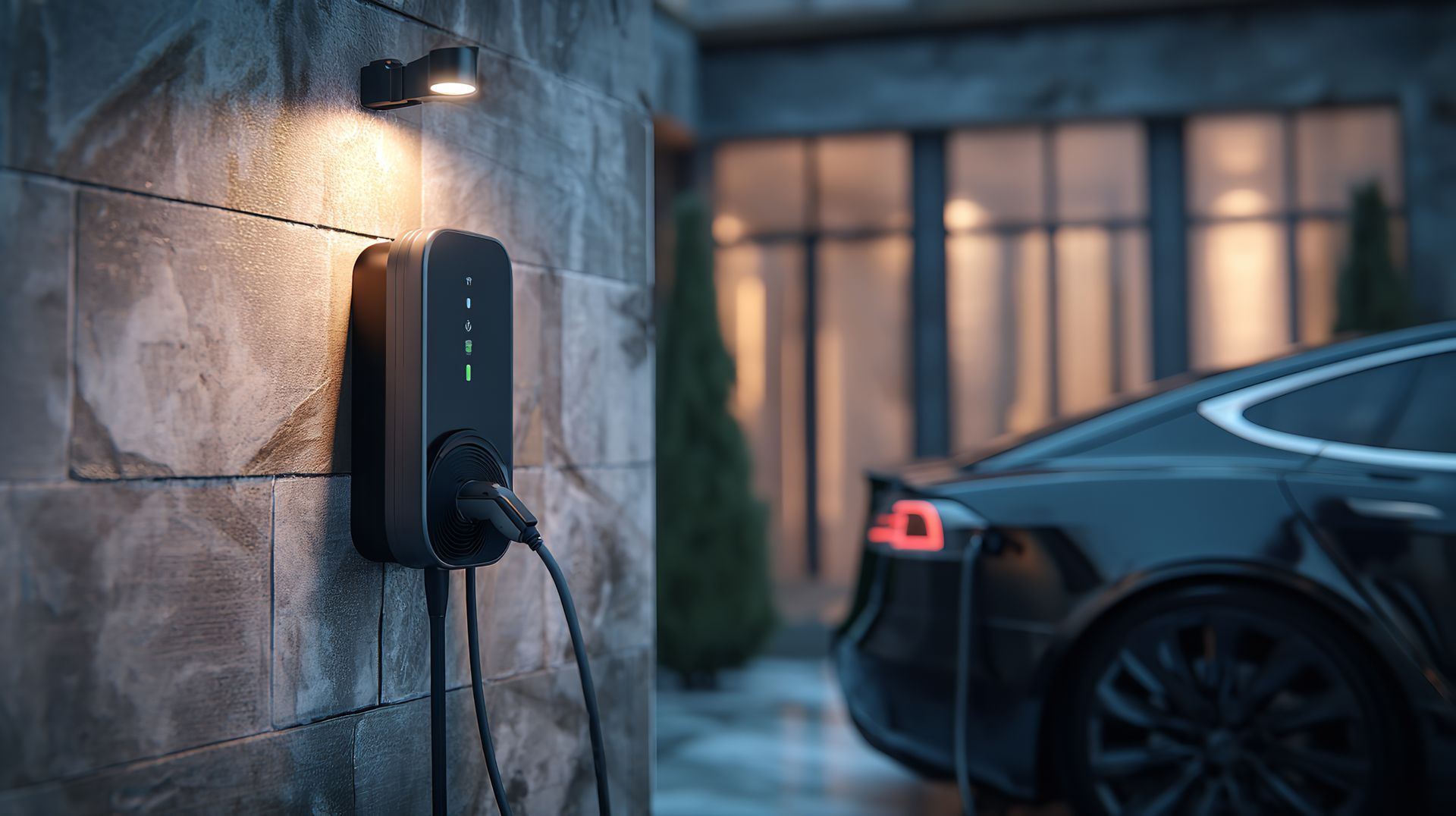 Au crépuscule, un véhicule électrique noir se recharge via une borne murale fixée sur un mur extérieur en pierre, éclairée par une petite lampe.