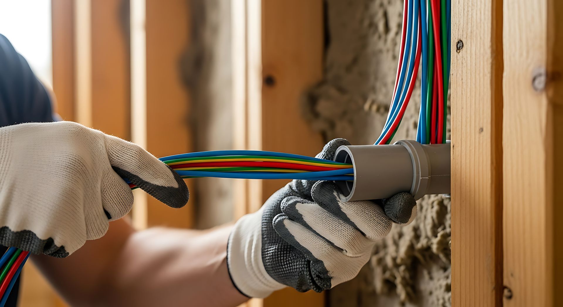 Des mains gantées tirent un faisceau de fils électriques colorés à travers un conduit fixé sur un mur à ossature bois.