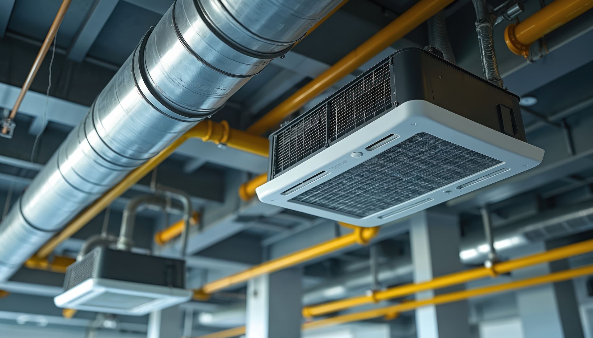 Unités de climatisation fixées au plafond et conduits industriels suspendus dans une structure grise avec des tuyaux jaunes.