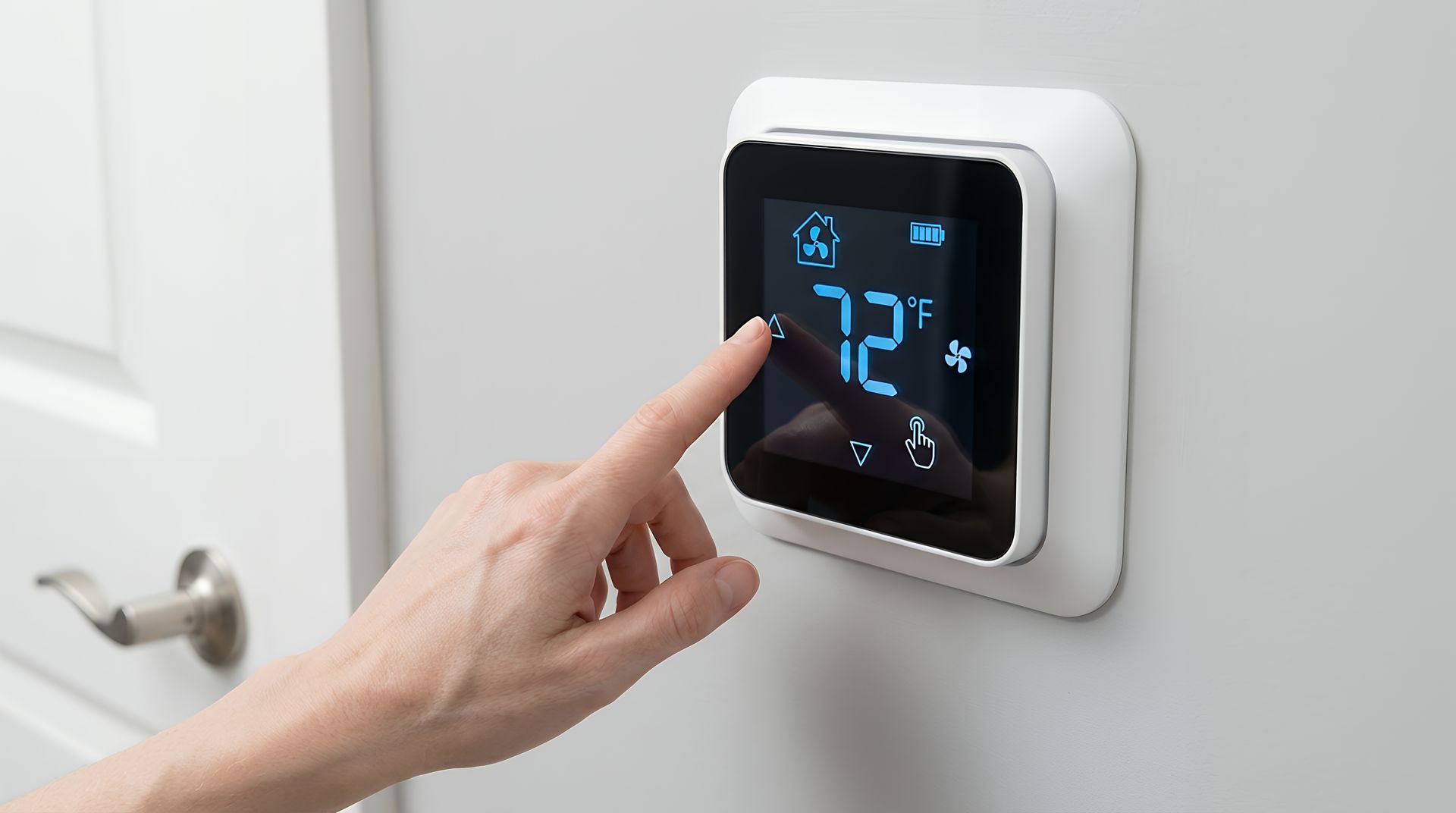 Une main ajuste un thermostat intelligent numérique affichant 72 degrés Fahrenheit sur un mur blanc.