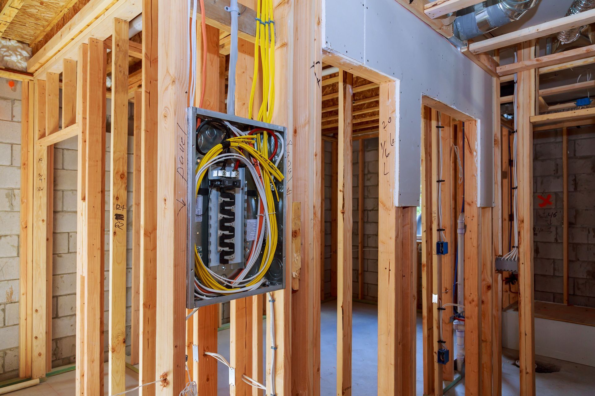 Un tableau électrique avec des fils jaunes, installé dans la charpente en bois d'un bâtiment en construction.