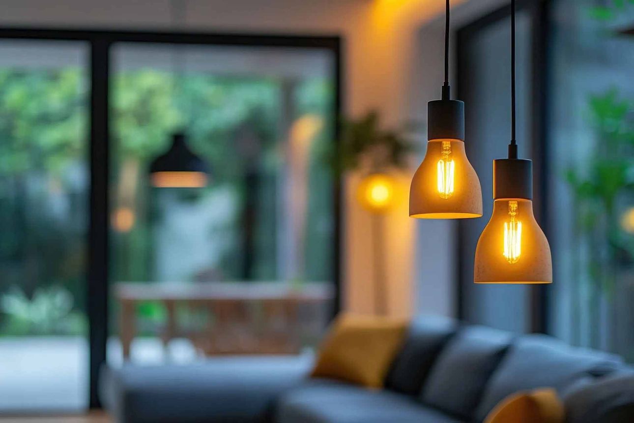 Deux suspensions lumineuses aux tons chauds sont suspendues au premier plan, tandis qu'à l'arrière-plan se dessine, de façon floue, un salon moderne et une terrasse.