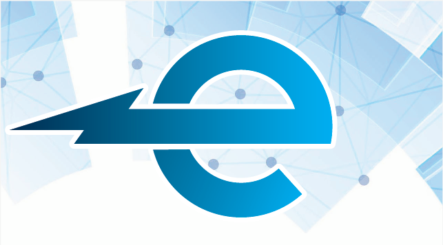 Un logo bleu représentant un « e » minuscule avec une flèche pointant vers la gauche, sur un fond bleu clair à motif géométrique.