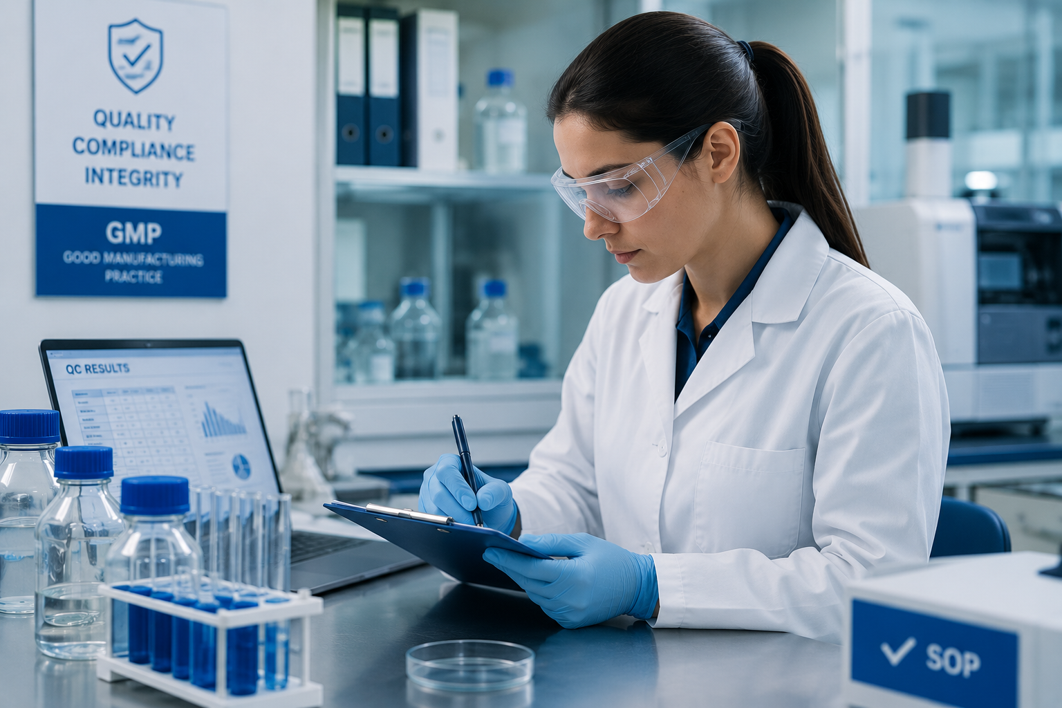 QA Associate Laboratory Pharmaceutical GMP banner with microscope, laboratory glassware and blue corporate design