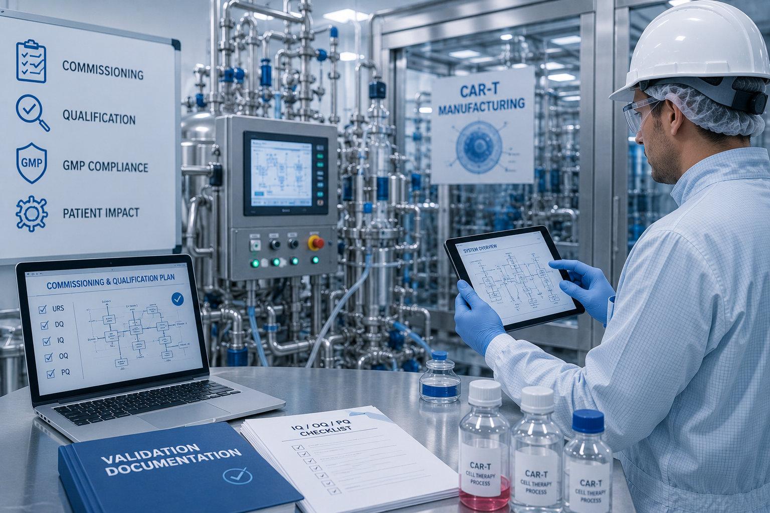 QA Associate Laboratory Pharmaceutical GMP avec microscope, verrerie laboratoire et design corporate bleu