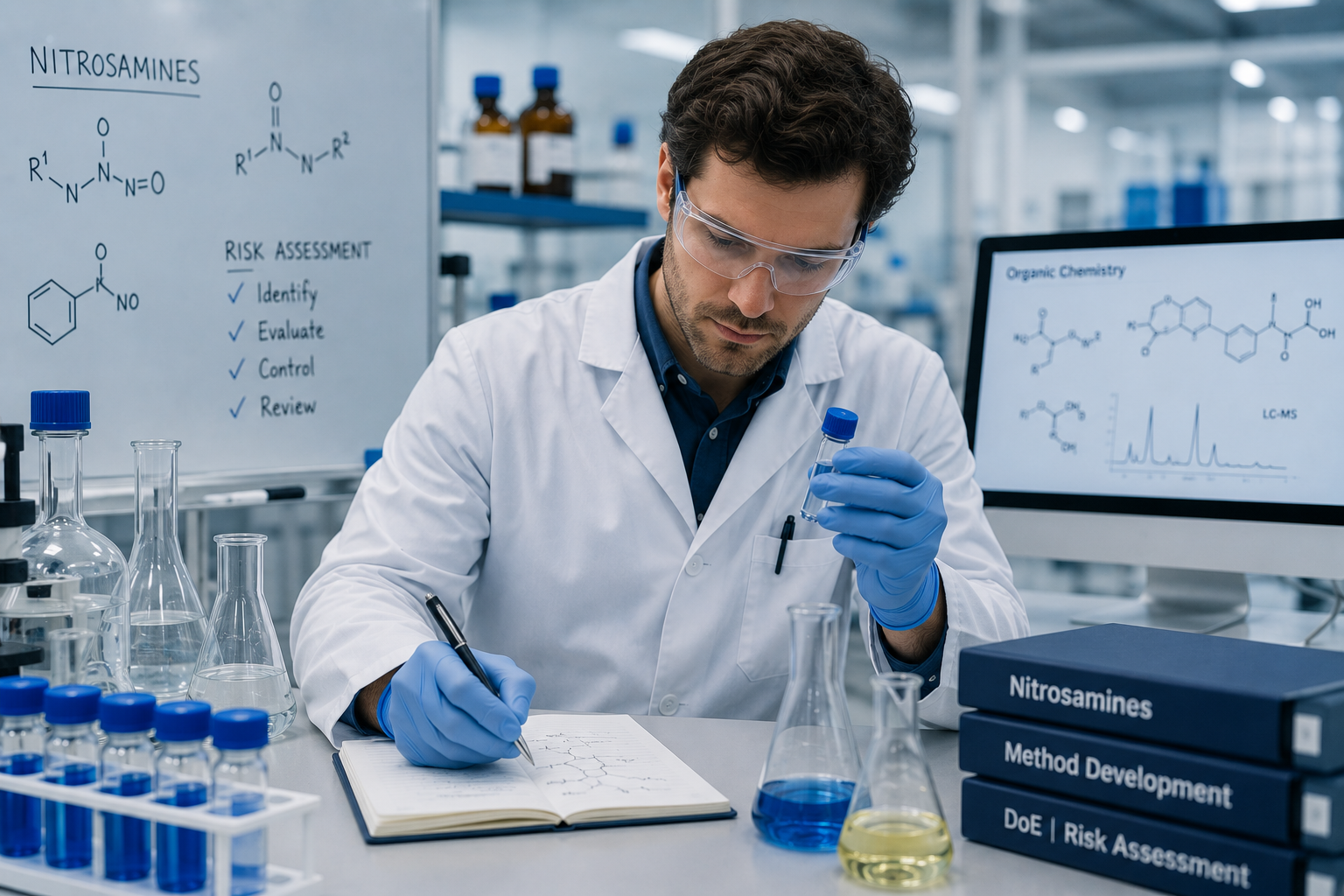 QA Associate Laboratory Pharmaceutical GMP banner with microscope, laboratory glassware and blue corporate design