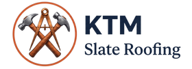 KTM Slate Roofing logo with crossed roofing hammers in a copper circle and navy text