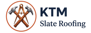 KTM Slate Roofing logo with crossed roofing hammers in a copper circle and navy text