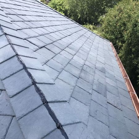 Slate roof shingles on a sloped roof beside green trees