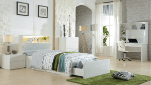 Kids bedroom with kids bedroom furniture - single white gloss bed, desk, tallboy and bedside table