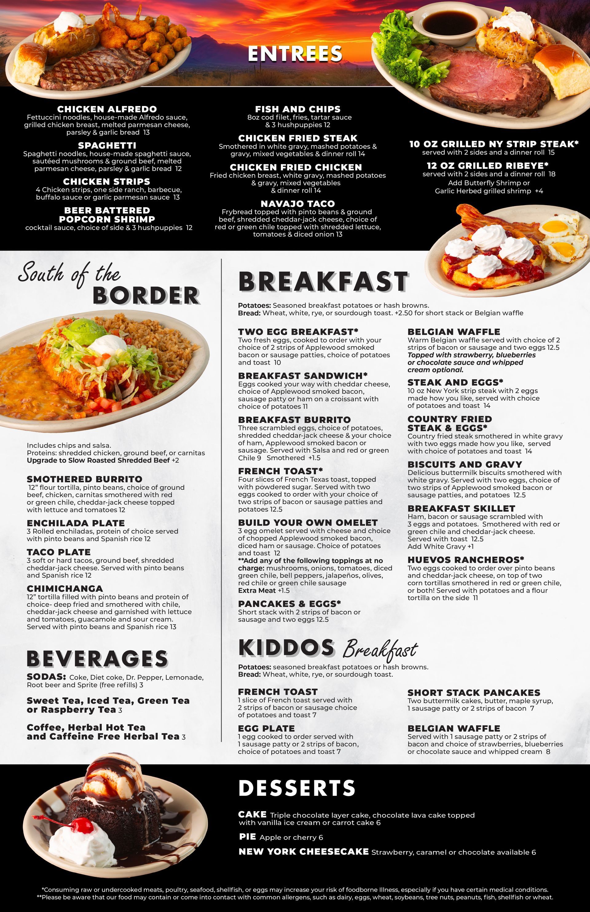 A menu for a restaurant with plates of food on it.