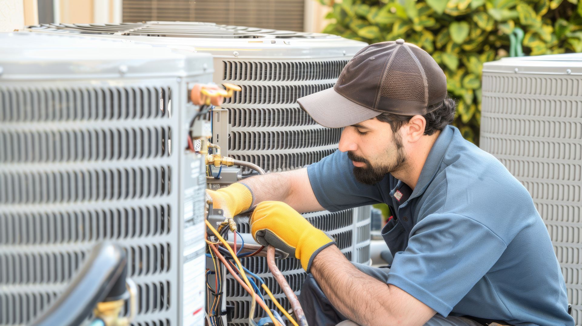 HVAC technician servicing the wiring on an outdoor AC condenser unit.