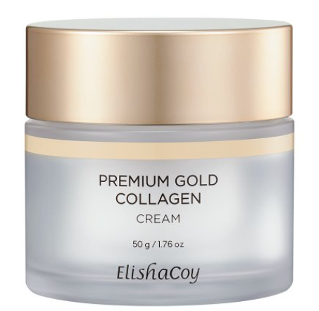 一罐 ElishaCoy 優質黃金膠原蛋白霜，帶有金色蓋子和標籤，白色背景上。