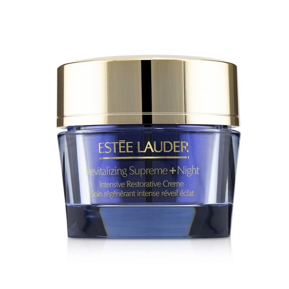 雅詩蘭黛 Revitalizing Supreme+ 晚霜罐，深藍色和金色。