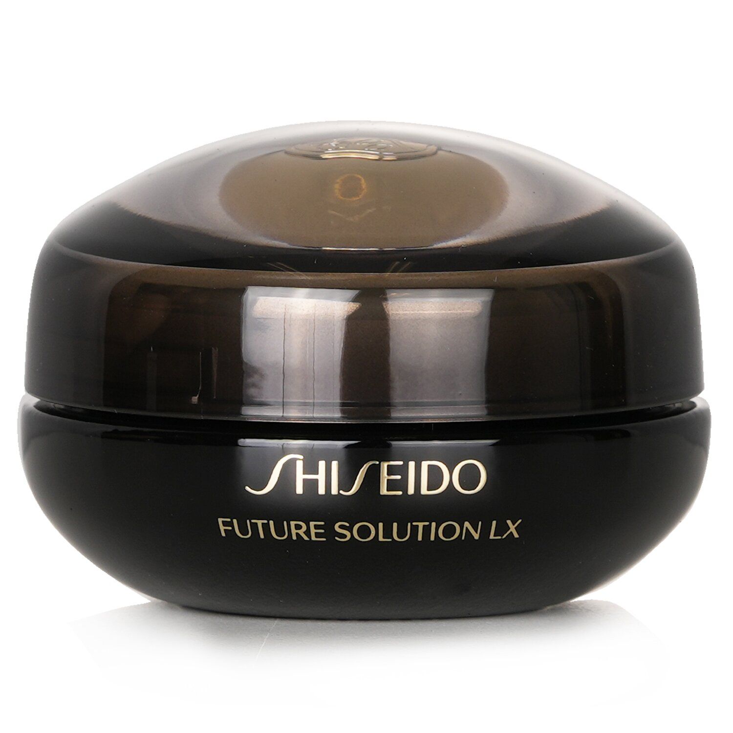 資生堂 Future Solution LX 眼霜罐和金色盒子，白色背景。