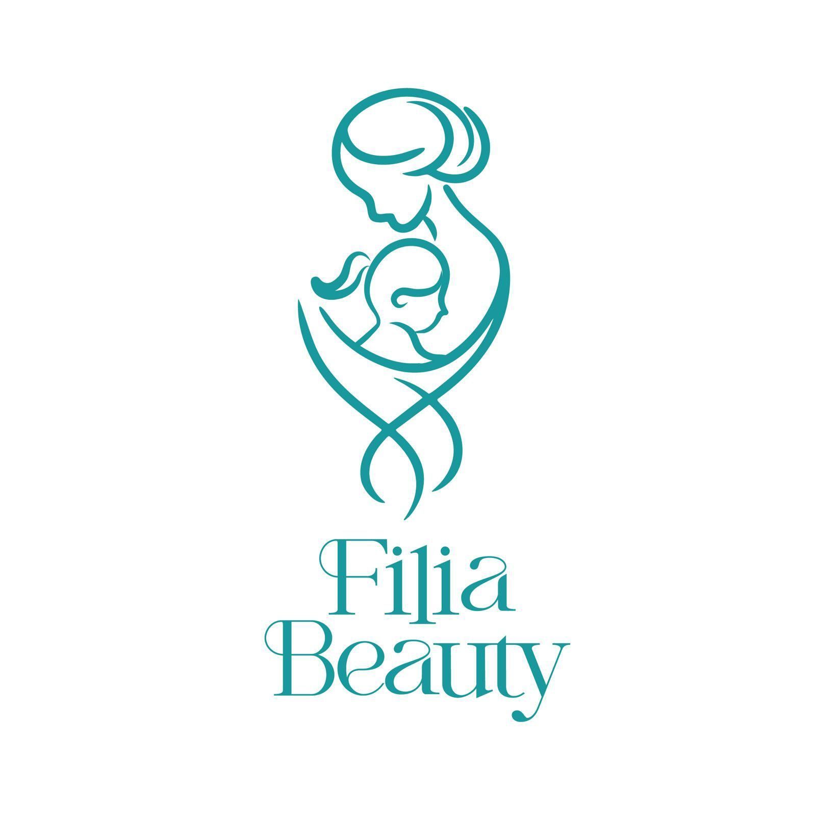 標誌由藍綠色線條組成，上面是母親和孩子的圖案，下方有“Filia Beauty”的文字。