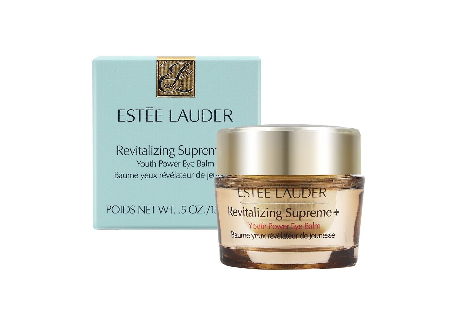 雅詩蘭黛 Revitalizing Supreme+ 眼霜罐和盒，金色和青色，白色背景。