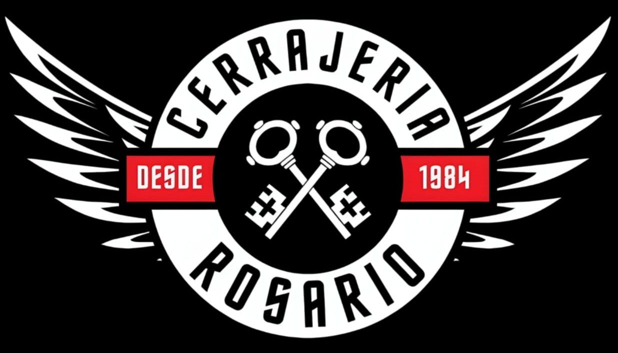 Logotipo de Cerrajeria Rosario en blanco y negro con llaves cruzadas, alas y pancartas rojas que dicen “Desde 1984”.