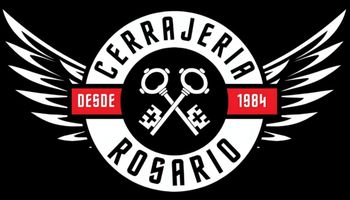Logotipo de Cerrajeria Rosario en blanco y negro con llaves cruzadas, alas y pancartas rojas que dicen “Desde 1984”.