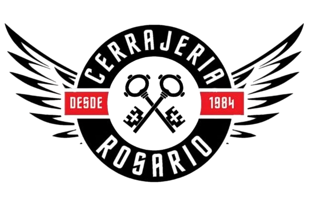 Logo circular en blanco y negro de Cerrajería Rosario con alas y llaves cruzadas; rojo “Desde 1984”.