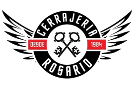 Logo circular en blanco y negro de Cerrajería Rosario con alas y llaves cruzadas; rojo “Desde 1984”.