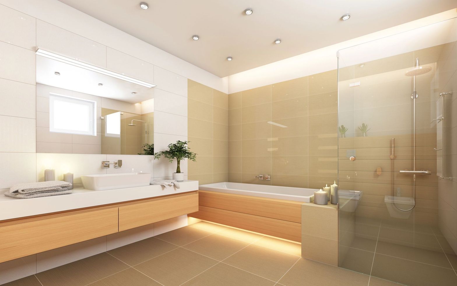 Modern beige bathroom with double sink vanity, large mirror, bathtub, and glass shower enclosure