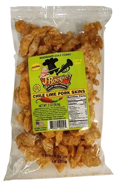 J-Boogie’s Chile Lime Pork Skins packaging.