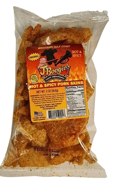 J-Boogie’s Hot & Spicy Pork Skins packaging available in stores.