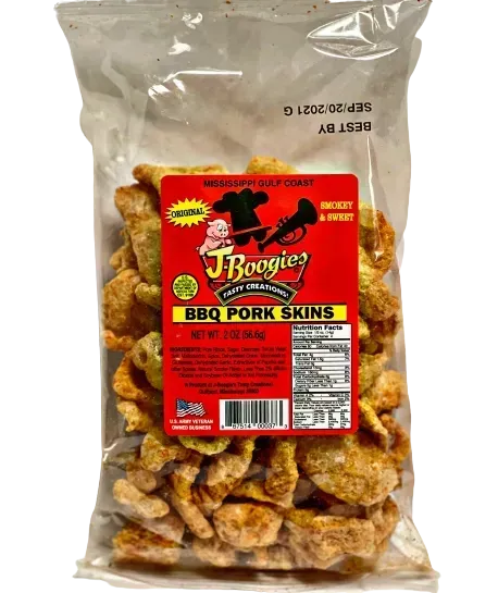 J-Boogie’s BBQ Pork Skins packaging with bold Southern BBQ flavors.
