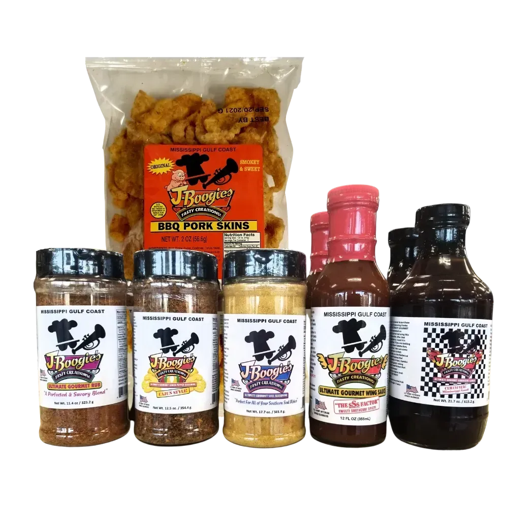 J-Boogie’s Ultimate Gourmet Jumbo Gift Set with sauces and pork skins.