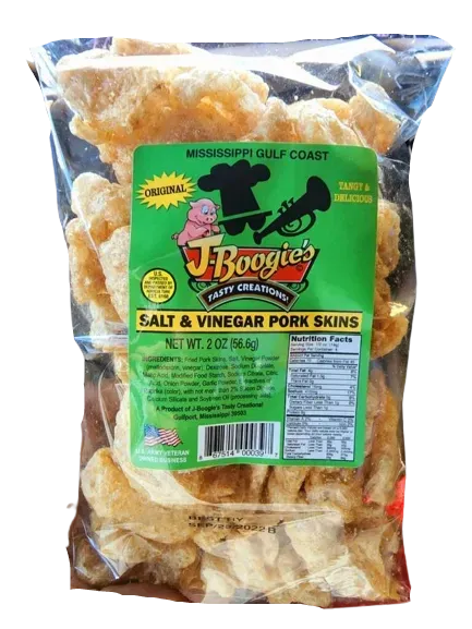 J-Boogie’s Salt & Vinegar Pork Skins packaging available in stores.