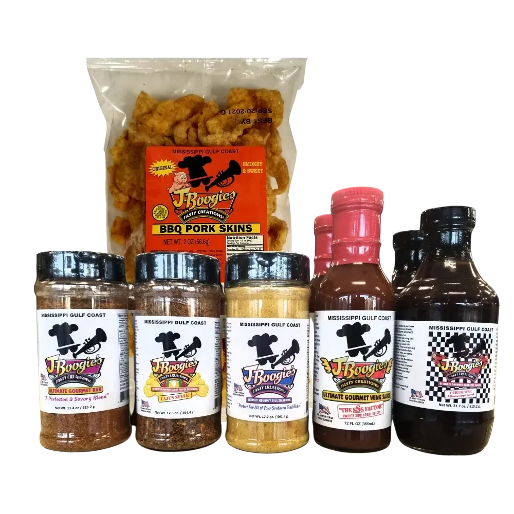 J-Boogie’s Ultimate Gourmet Holiday Gift Set with sauces, rubs, and snacks.