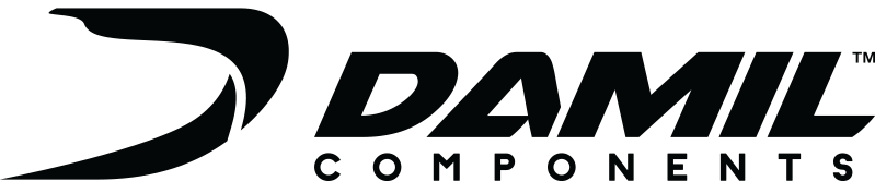 Logo DAMIL Components nero con swoosh stilizzato.