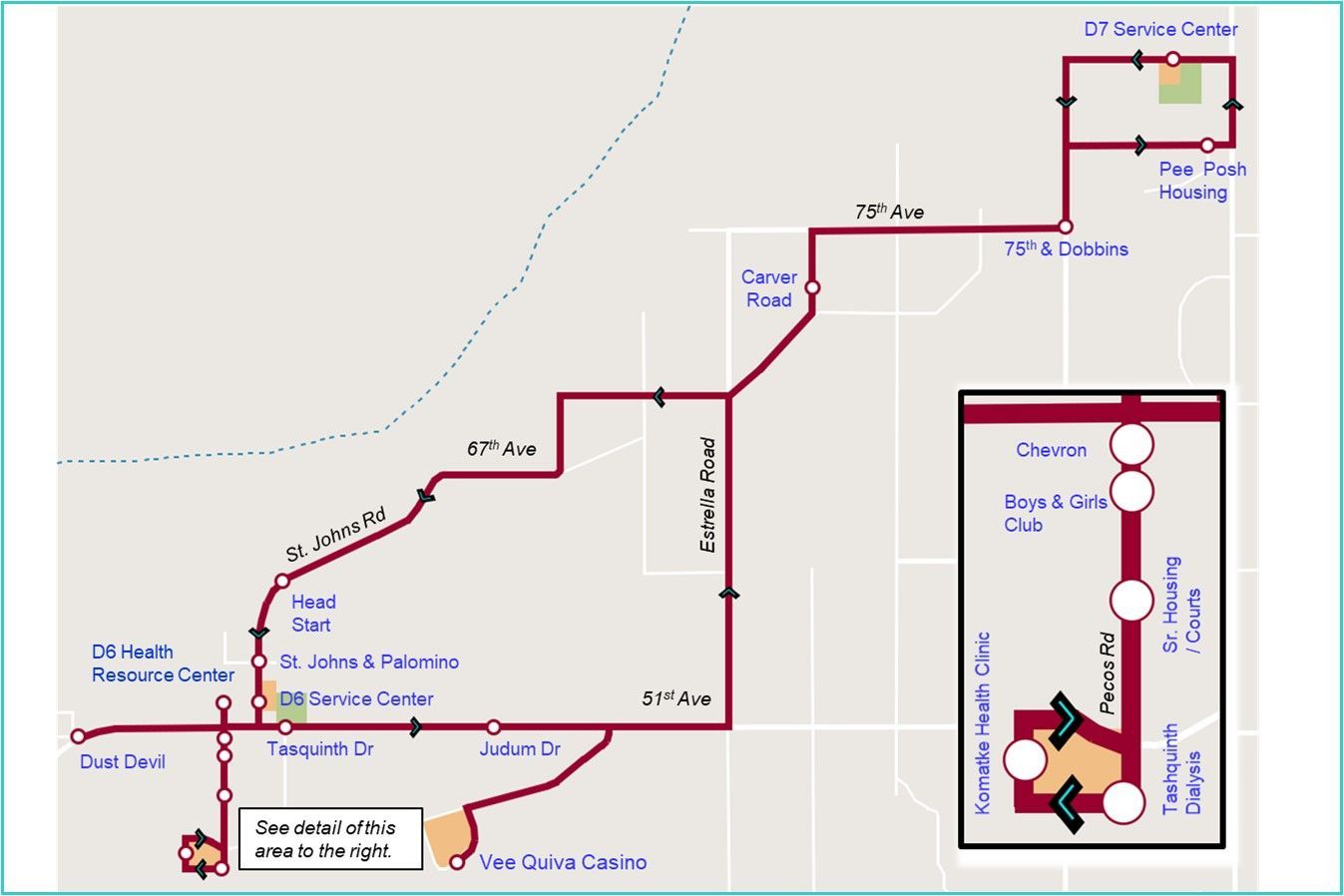 Red route map with turns and distances, showing a path to a camp area and nearby landmark inset.