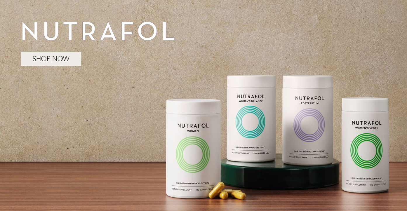 Nutrafol banner showing various hair growth supplements