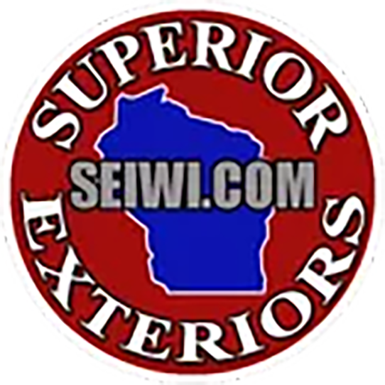 Logo for Superior Exteriors with text and a blue map of Wisconsin on a red circular background.