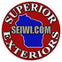 Logo for Superior Exteriors with text and a blue map of Wisconsin on a red circular background.