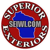 Logo for Superior Exteriors with text and a blue map of Wisconsin on a red circular background.