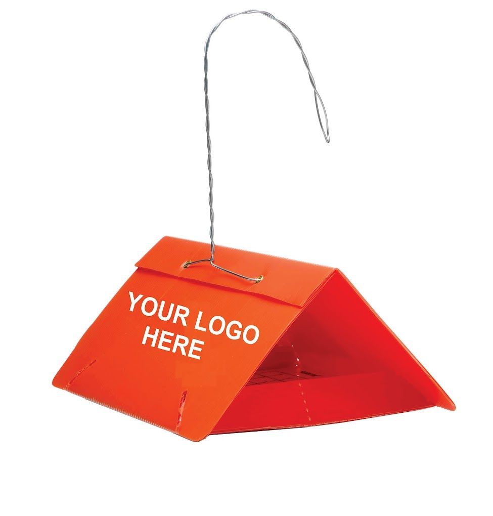 A red sign that says your logo here hangs from a wire