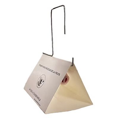 A cardboard triangle with a metal hook attached to it.