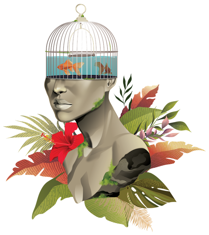 A statue-like bust with a birdcage containing swimming goldfish for a head, surrounded by colorful tropical foliage.