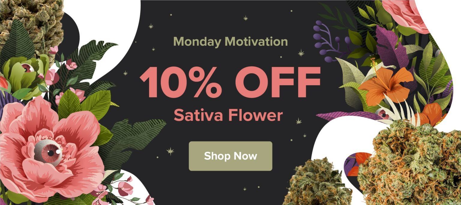 A promotional graphic for 10% off Sativa Flower, decorated with cannabis buds and floral illustrations on a black background.