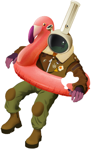 A figure wearing a brown bomber jacket and green pants, holding a pink flamingo pool float, with a white lamp head.
