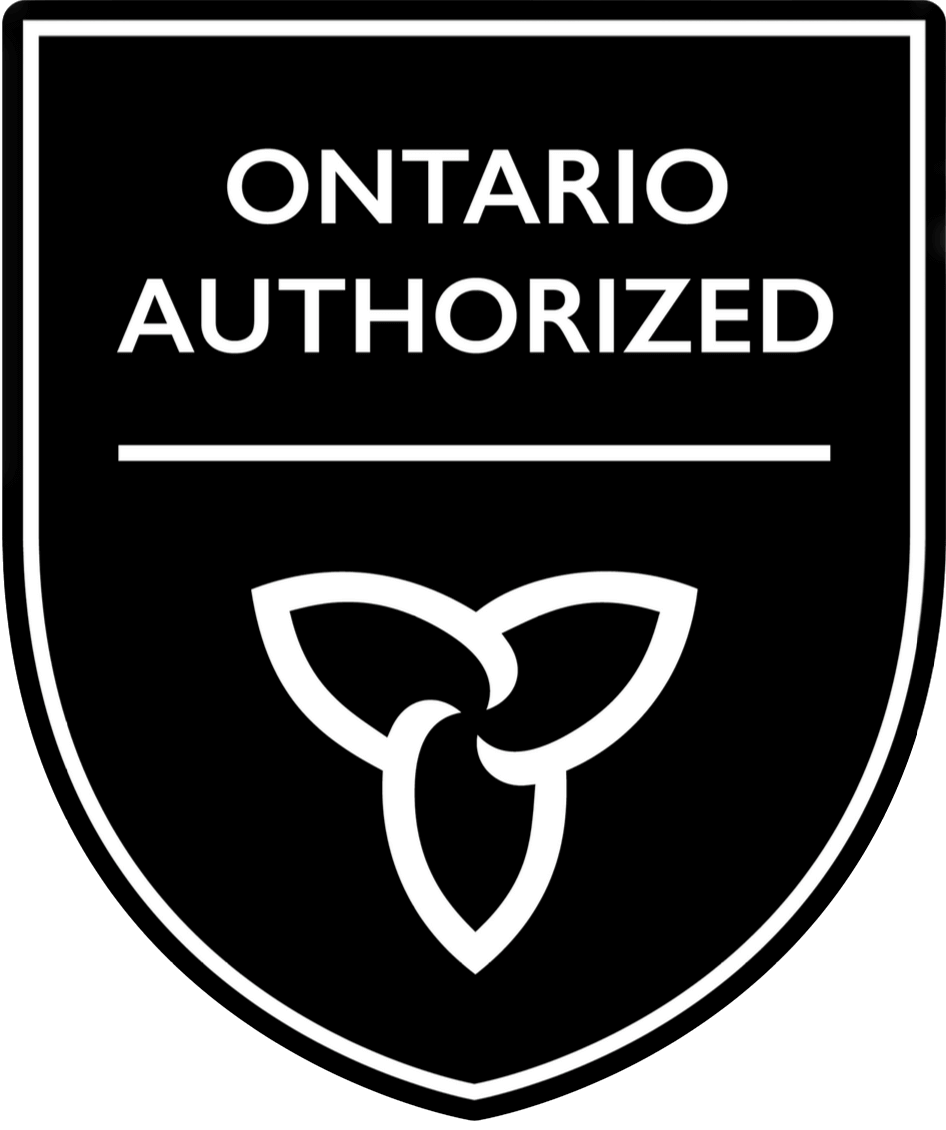A black shield logo with the text