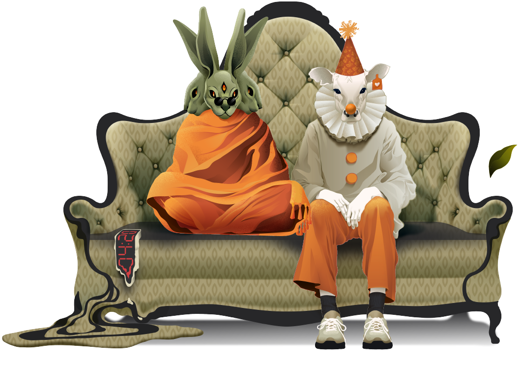 Two costumed figures with animal masks sit on an ornate couch next to a puddle of black liquid.