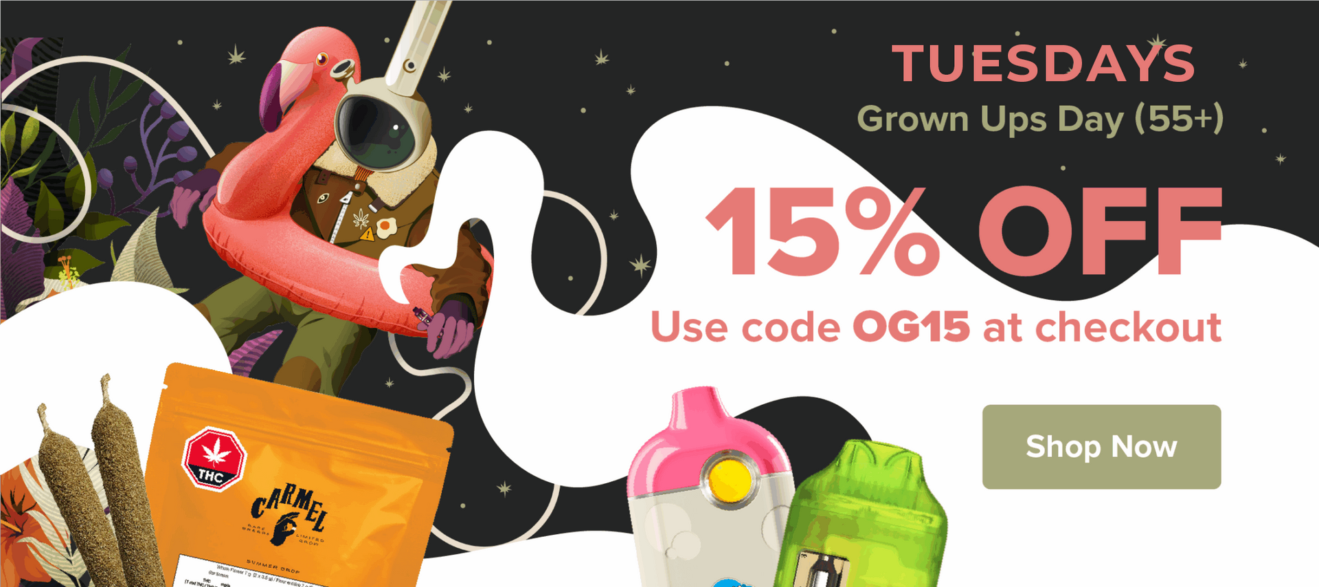 Tuesdays Grown Ups Day (55+): 15% off with code OG15. Promotional graphic featuring products, abstract art, and a button.
