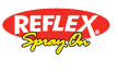 A red and white logo for reflex spray on a white background.