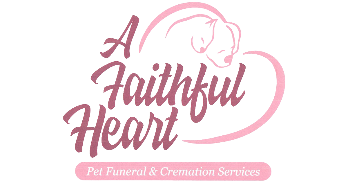 A Faithful Heart Pet Funeral & Cremation Services logo in pink and burgundy with a heart and pet silhouette