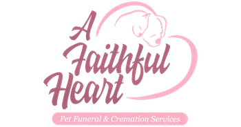 A Faithful Heart Pet Funeral & Cremation Services logo in pink and burgundy with a heart and pet silhouette