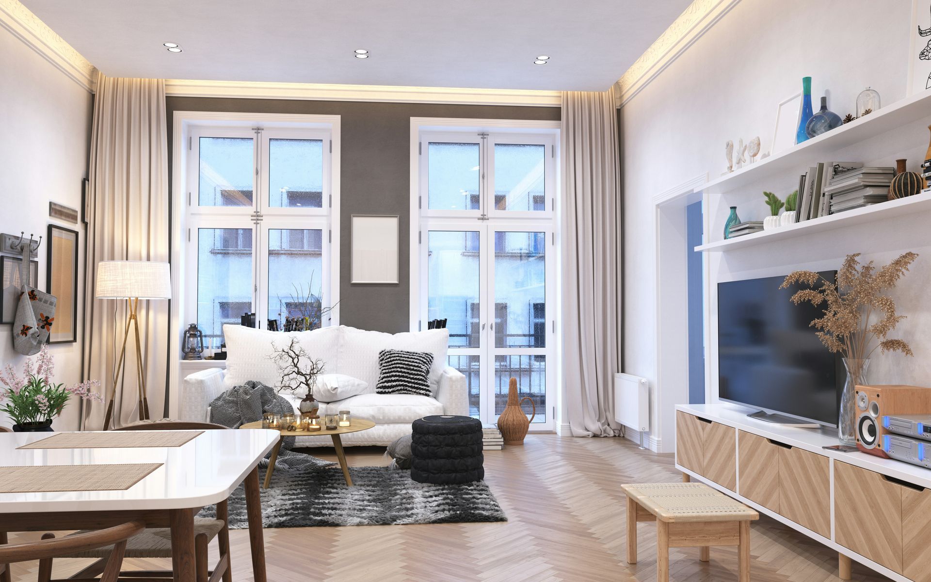A modern living room with a white sofa, a television on a patterned cabinet, a dining table, and large windows with curtains.